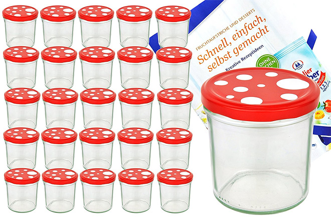 25 Hübsche Marmeladengläser mit rot-weiß-gepunkteten Deckeln