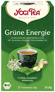 YogiTea Grne Energie Ayurvedische Grntee-Mischung mit Guarana, Inger und Holunderblte Fruchtig, aromatisch, lebenslustig.